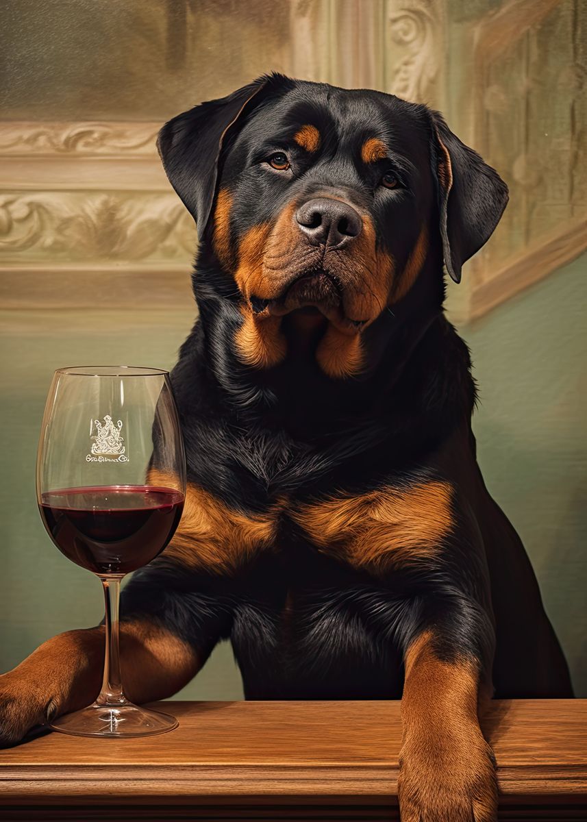 'Rottweiler Enjoying Wine ' Poster, picture, metal print, paint by ...