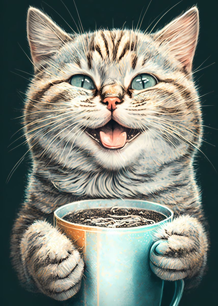 'Cat and Coffee' Poster, picture, metal print, paint by LaLou | Displate