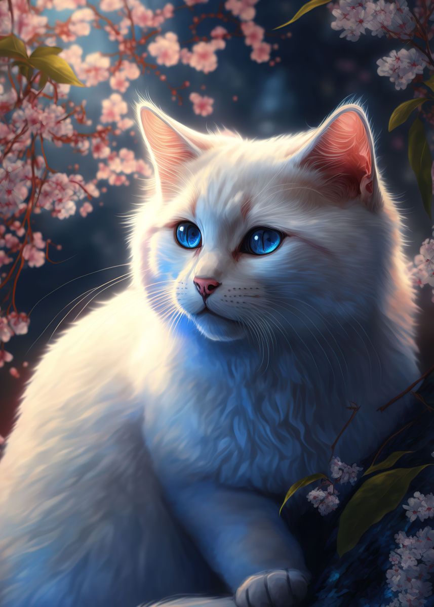 'cat and flowers ' Poster, picture, metal print, paint by Jena Displate