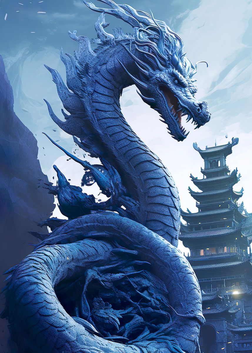 'Japanaese Dragon in Blue' Poster, picture, metal print, paint by
