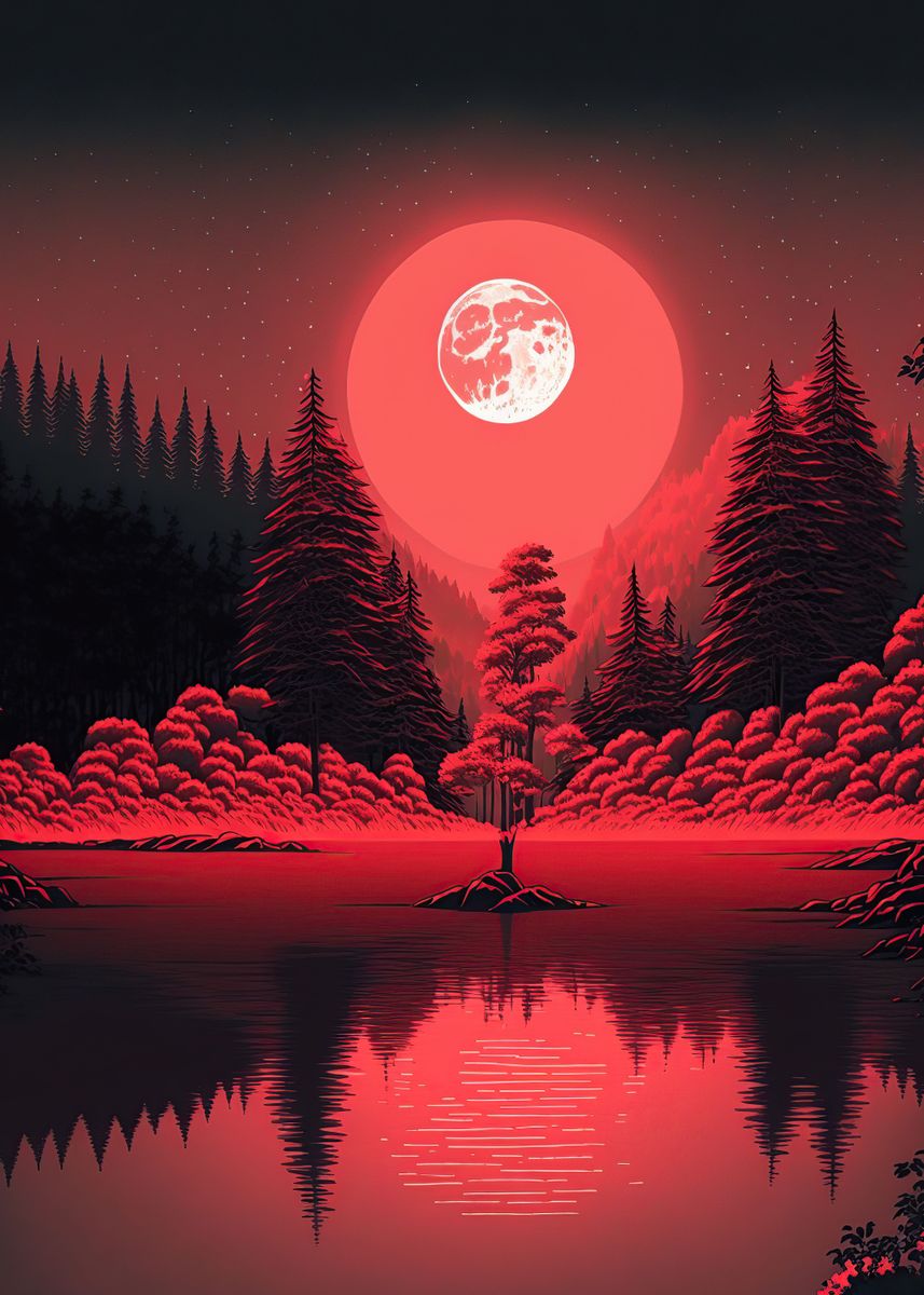 'Red moon forest dark' Poster, picture, metal print, paint by Anime ...