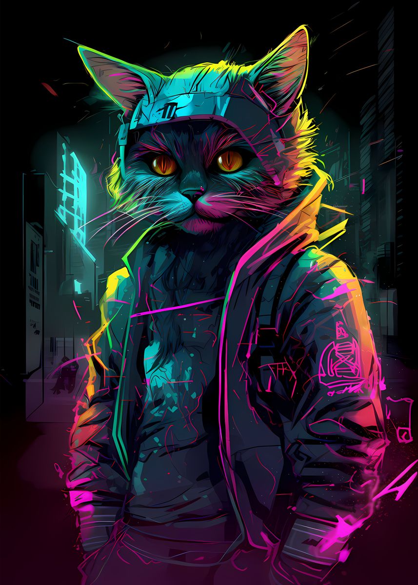 'Cat Cyberpunk Neon Art' Poster, picture, metal print, paint by Jay ...