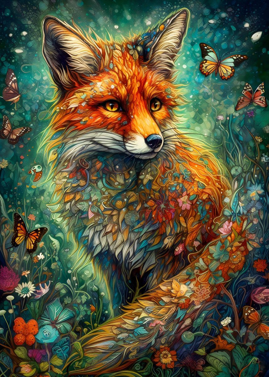 'Fox butterefly' Poster, picture, metal print, paint by Elz art | Displate