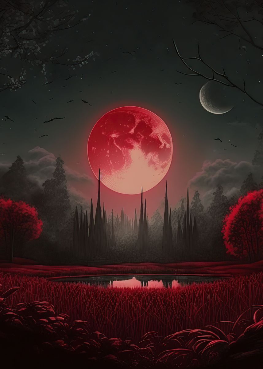 'Red moon forest dark' Poster, picture, metal print, paint by Anime ...