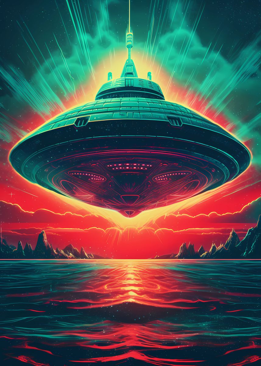 'Neon Retro Alien Spaceship' Poster, picture, metal print, paint by AI ...