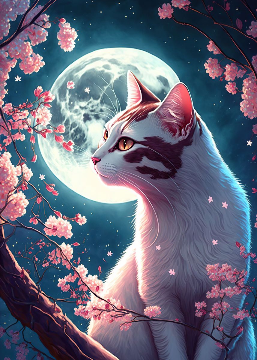 'Cat Cherry Blossom Japan' Poster, picture, metal print, paint by ...