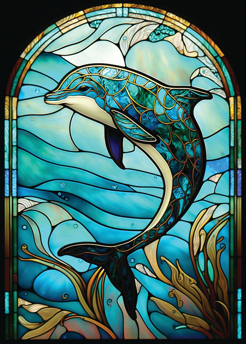 dolphin-stained-glass-poster-picture-metal-print-paint-by