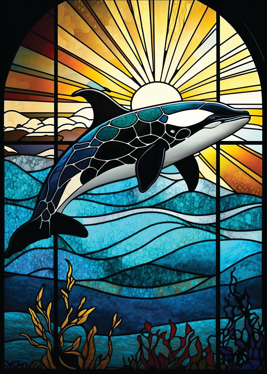 &lsquo;Orca Stained Glass &rsquo; Poster, picture, metal print, paint by
