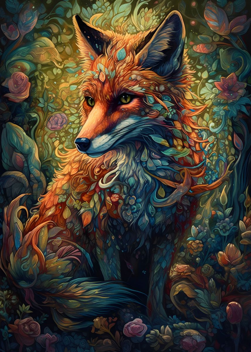 'Fox floral' Poster, picture, metal print, paint by Elz art | Displate