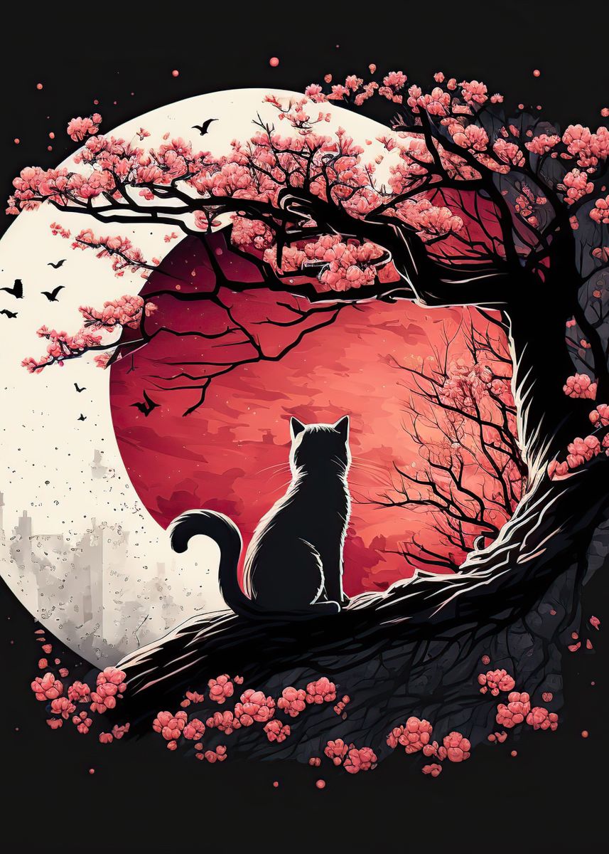 'Cat Cherry Blossoms' Poster, picture, metal print, paint by NeoRowe ...