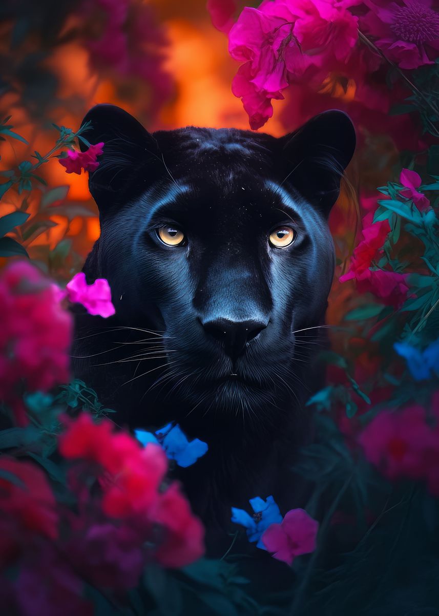 'Black Panther Flower Dream' Poster, picture, metal print, paint by