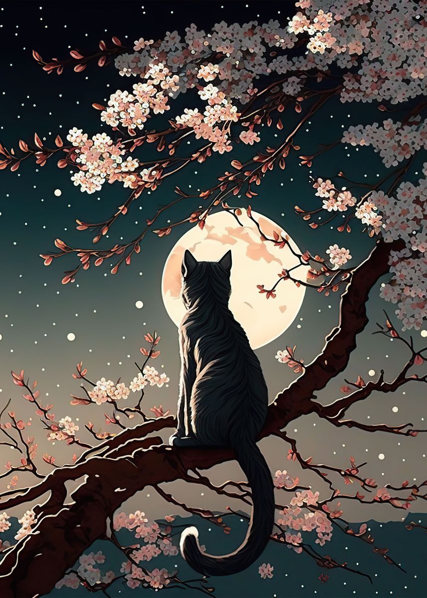 'Cat Cherry Blossoms' Poster, picture, metal print, paint by NeoRowe ...