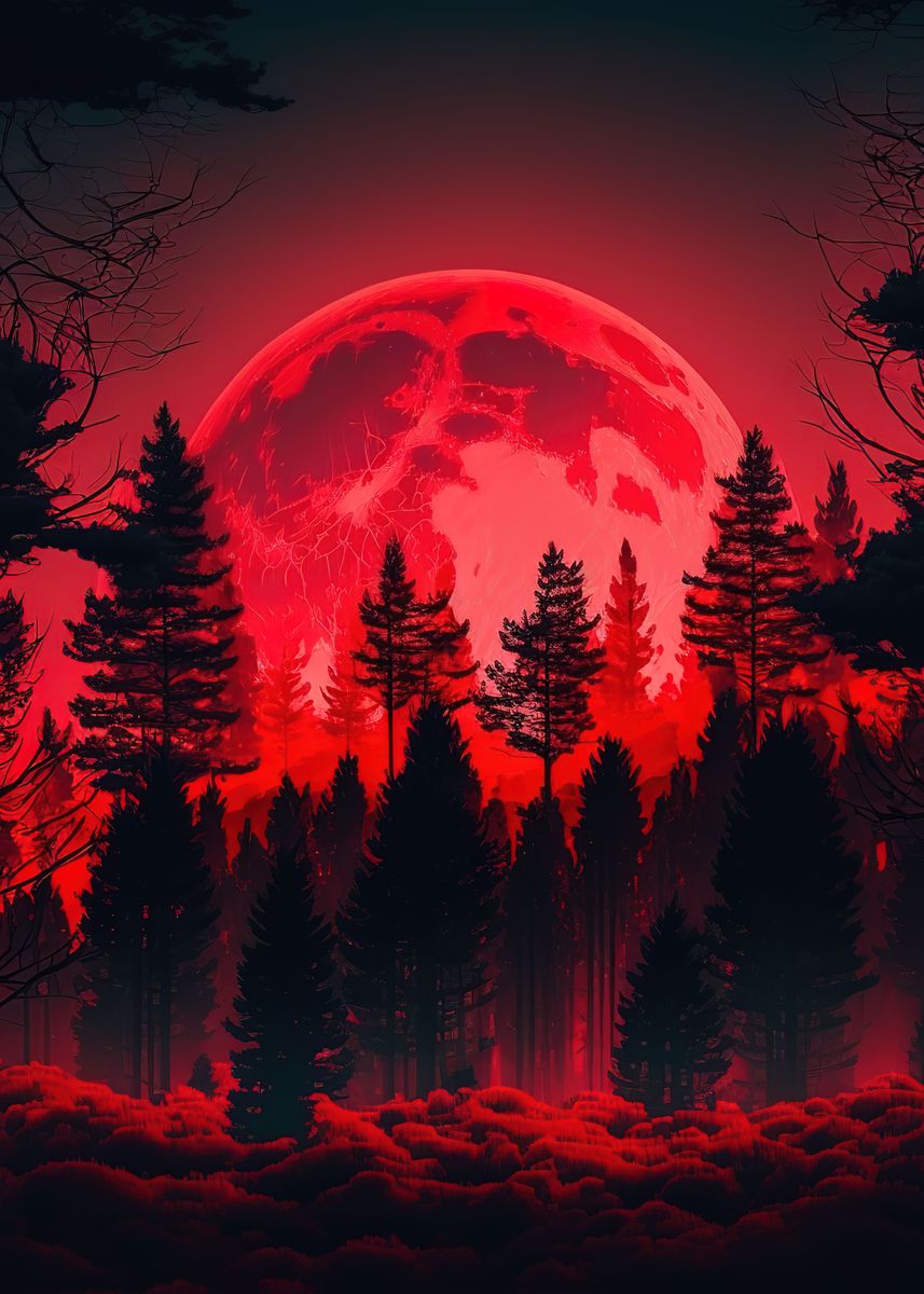 'Red moon forest dark ' Poster, picture, metal print, paint by Anime ...