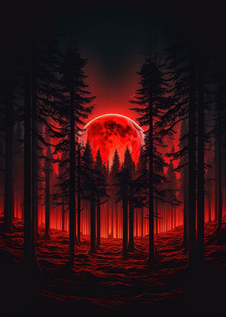 'Red moon forest dark ' Poster, picture, metal print, paint by Anime ...