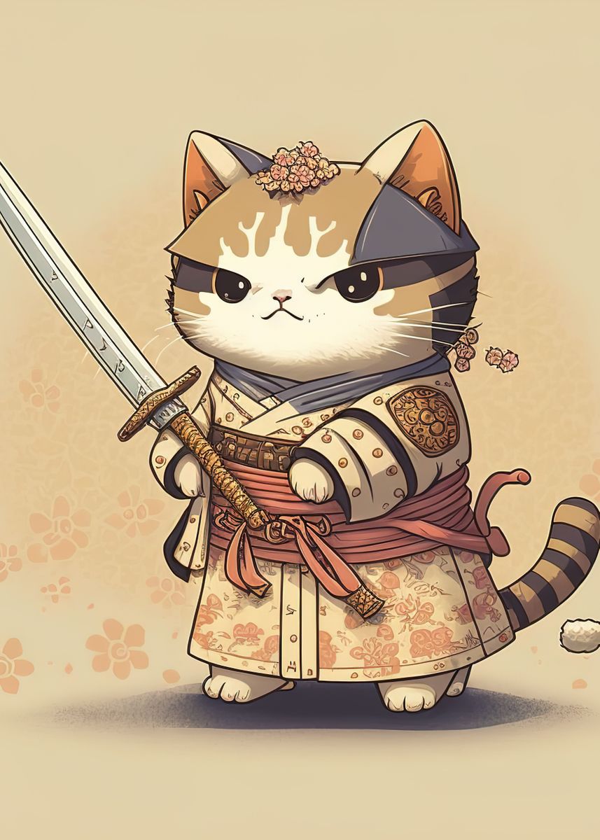 Poster Anime de Gato Samurai do Estilo Japonês Kawaii