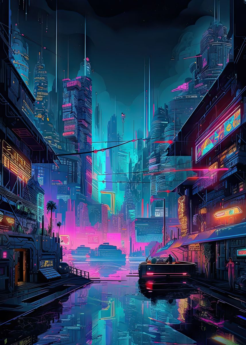 'future Neon Cityscape 3' Poster, Picture, Metal Print, Paint By 