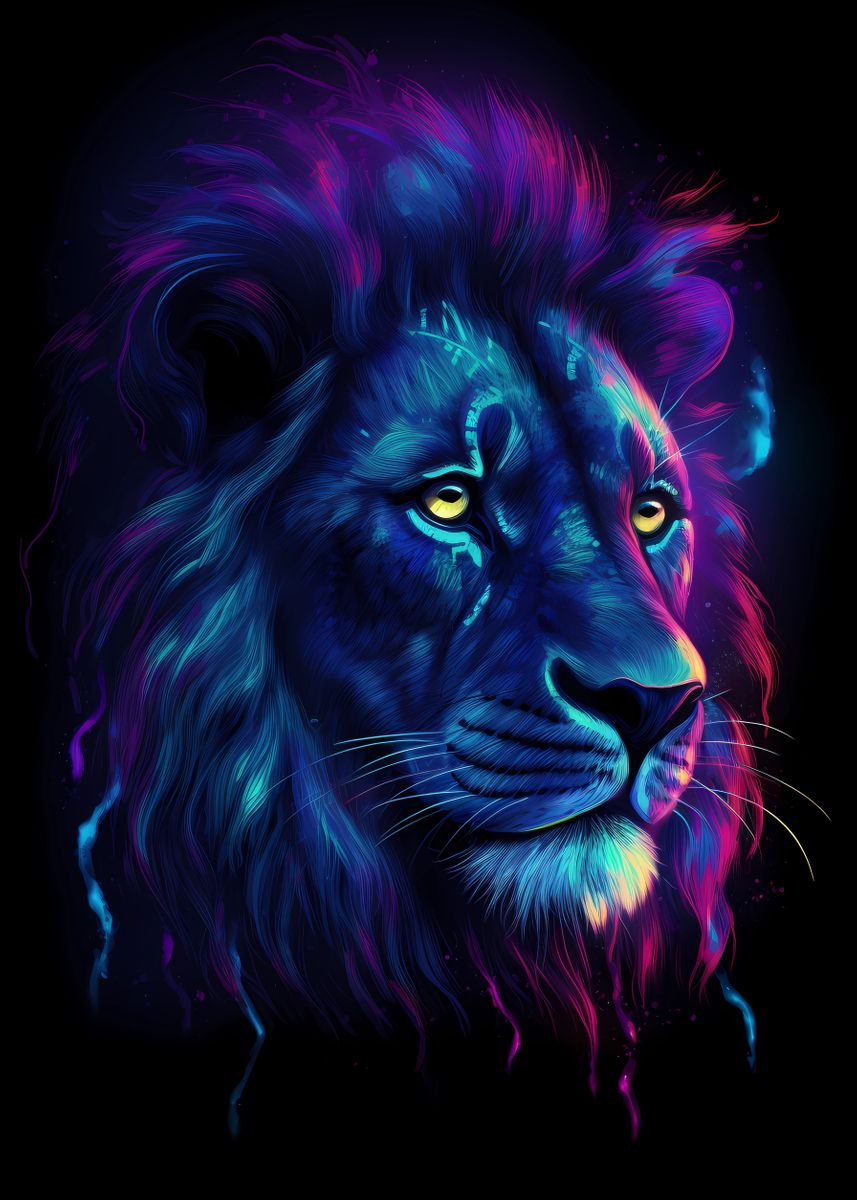 'Neon Lion Head Portrait 10' Poster, picture, metal print, paint by ...