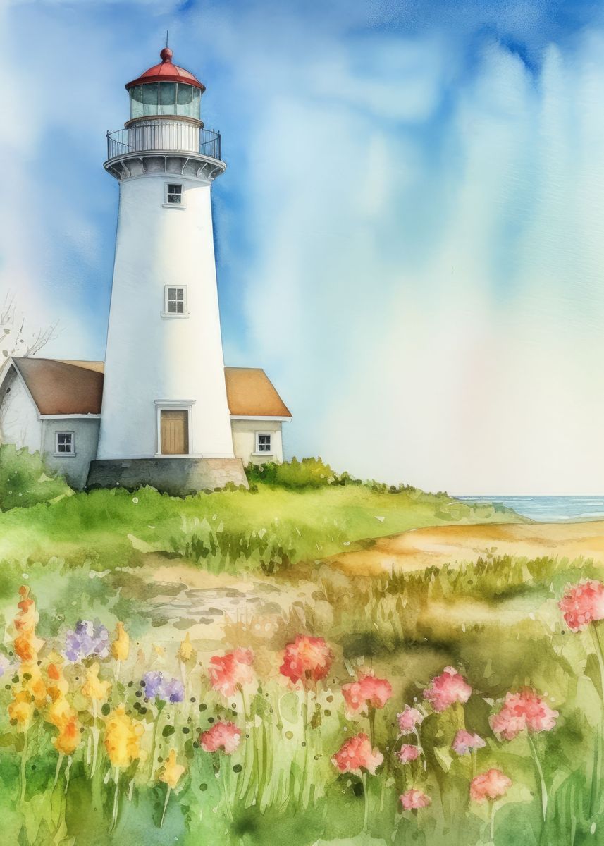 'Lighthouse and Flowers' Poster, picture, metal print, paint by Gokan ...