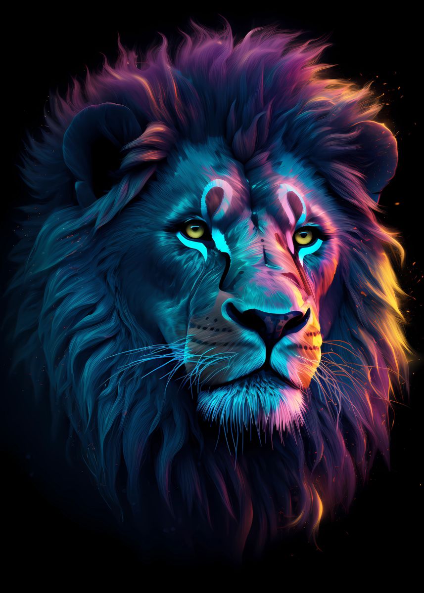 'Neon Lion Head Portrait 11' Poster, picture, metal print, paint by ...