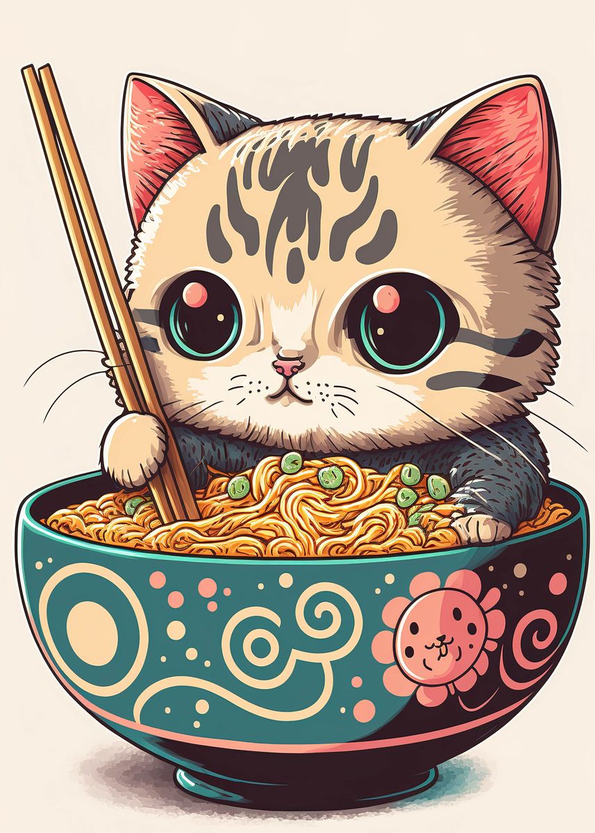 'cat ramen japan' Poster, picture, metal print, paint by Zachariah ...