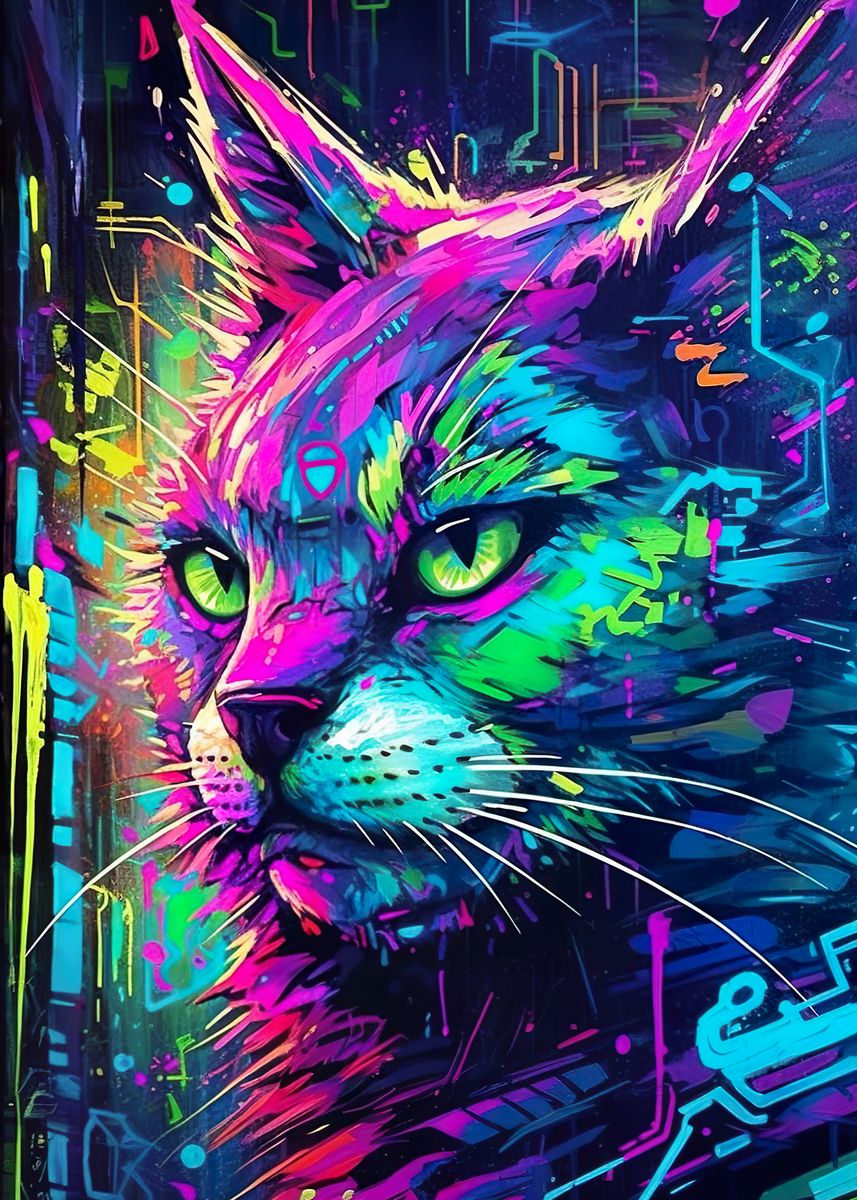 'Neon graffiti cat' Poster by Markus Mikolai | Displate