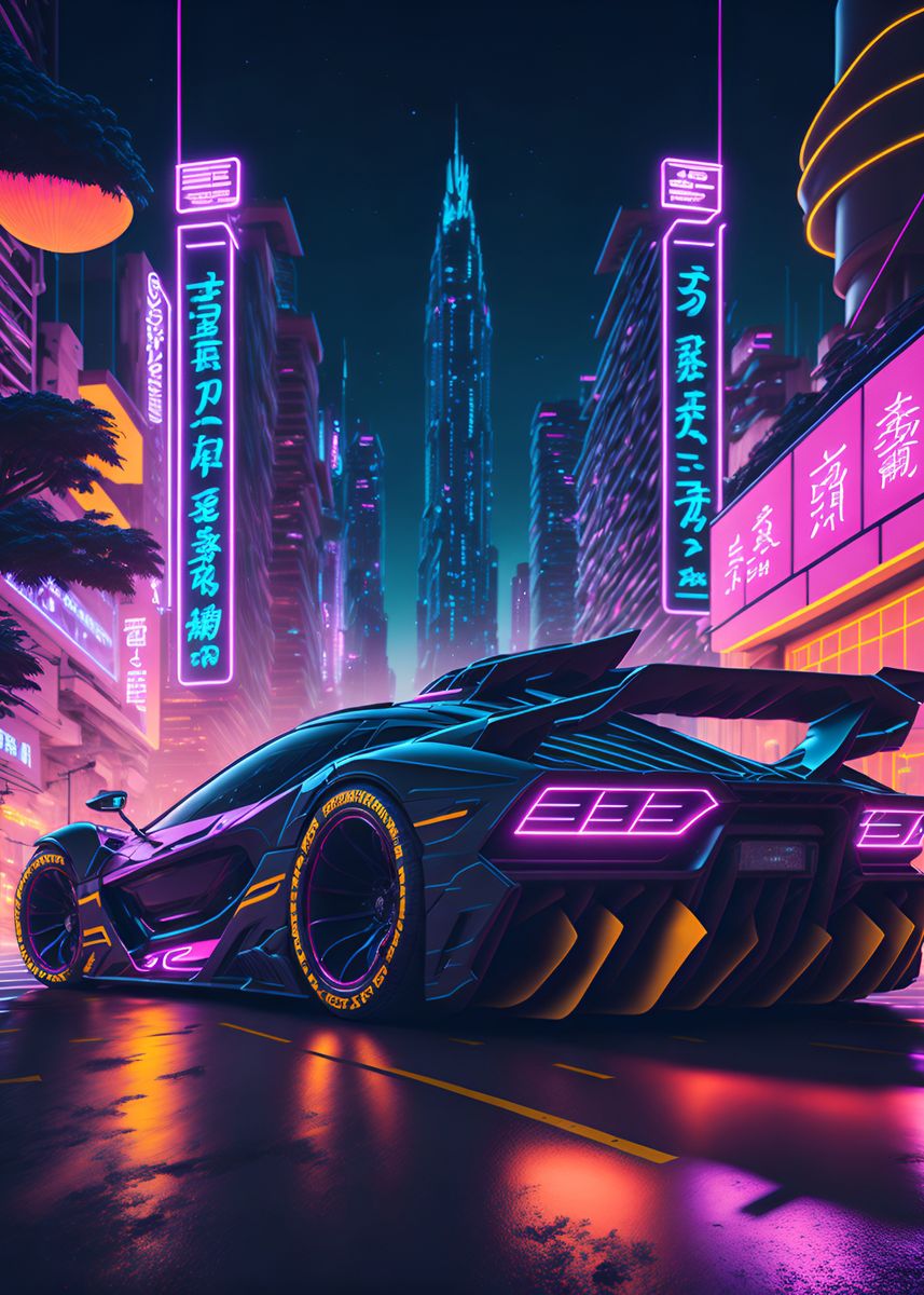 'Dark Neon City Sports Car' Poster by jodotodesign  | Displate