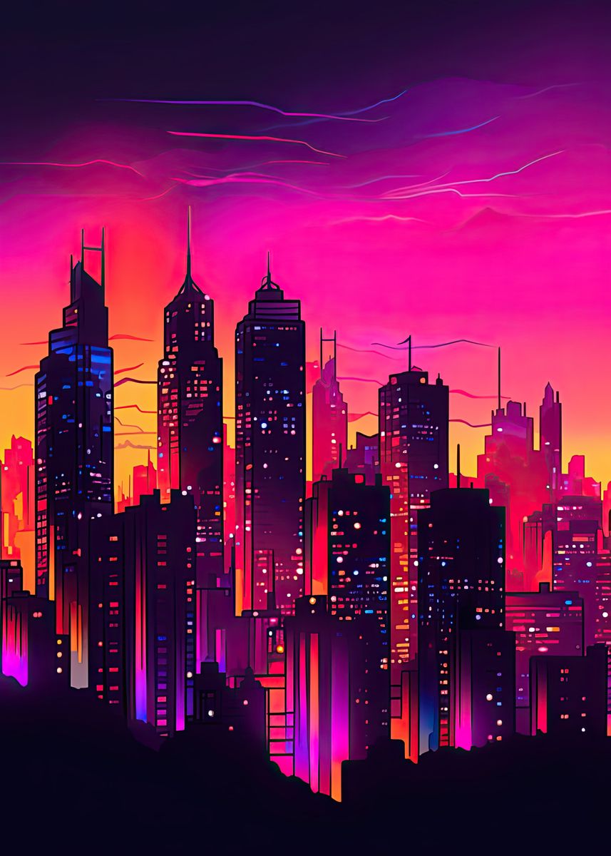 80s Vaporwave Cityscape Poster Picture Metal Print Paint By