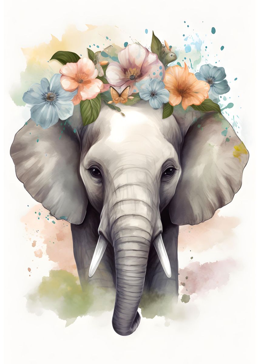 'Floral Baby Elephant' Poster, picture, metal print, paint by Sambel ...