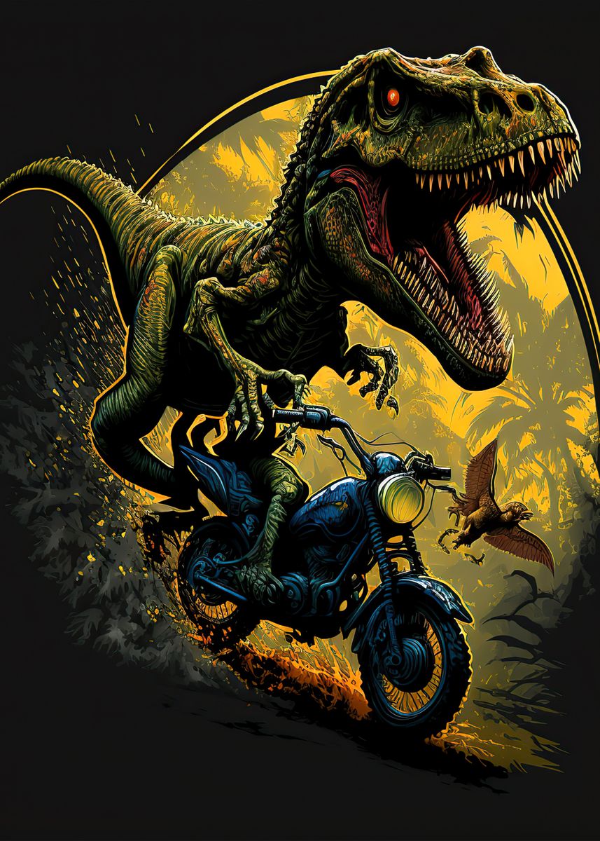'trex riding a motorcycle' Poster by Sohail Rees | Displate