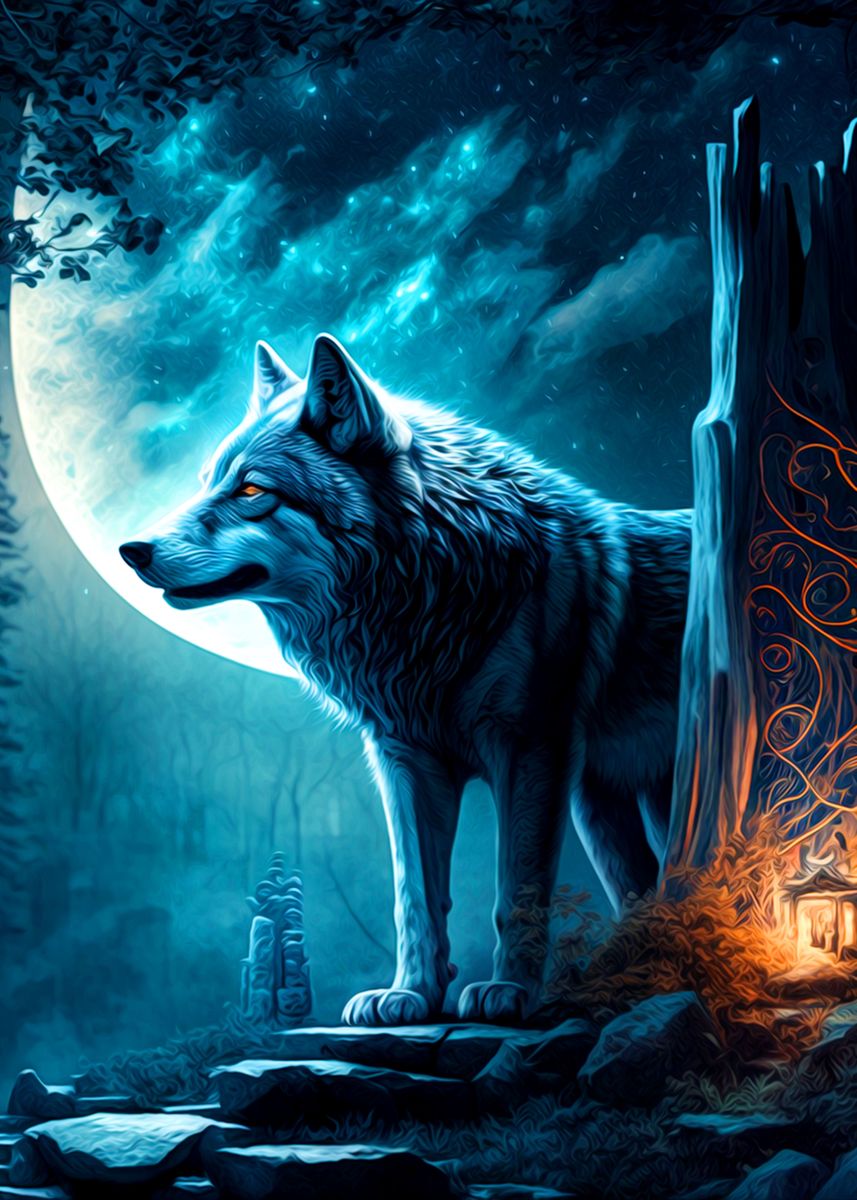 'Fantasy Wolf' Poster, picture, metal print, paint by Romos Xavi | Displate