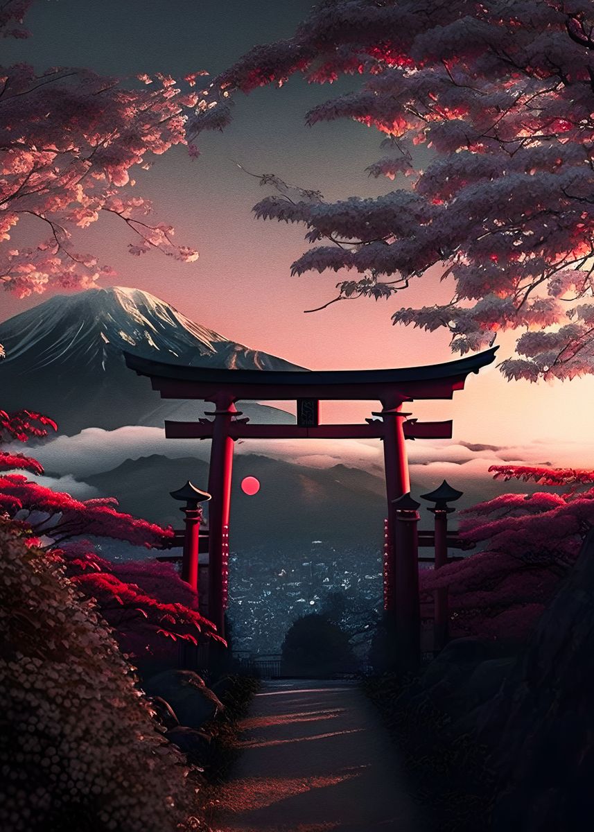 'Torii gate view mt fuji' Poster, picture, metal print, paint by ...