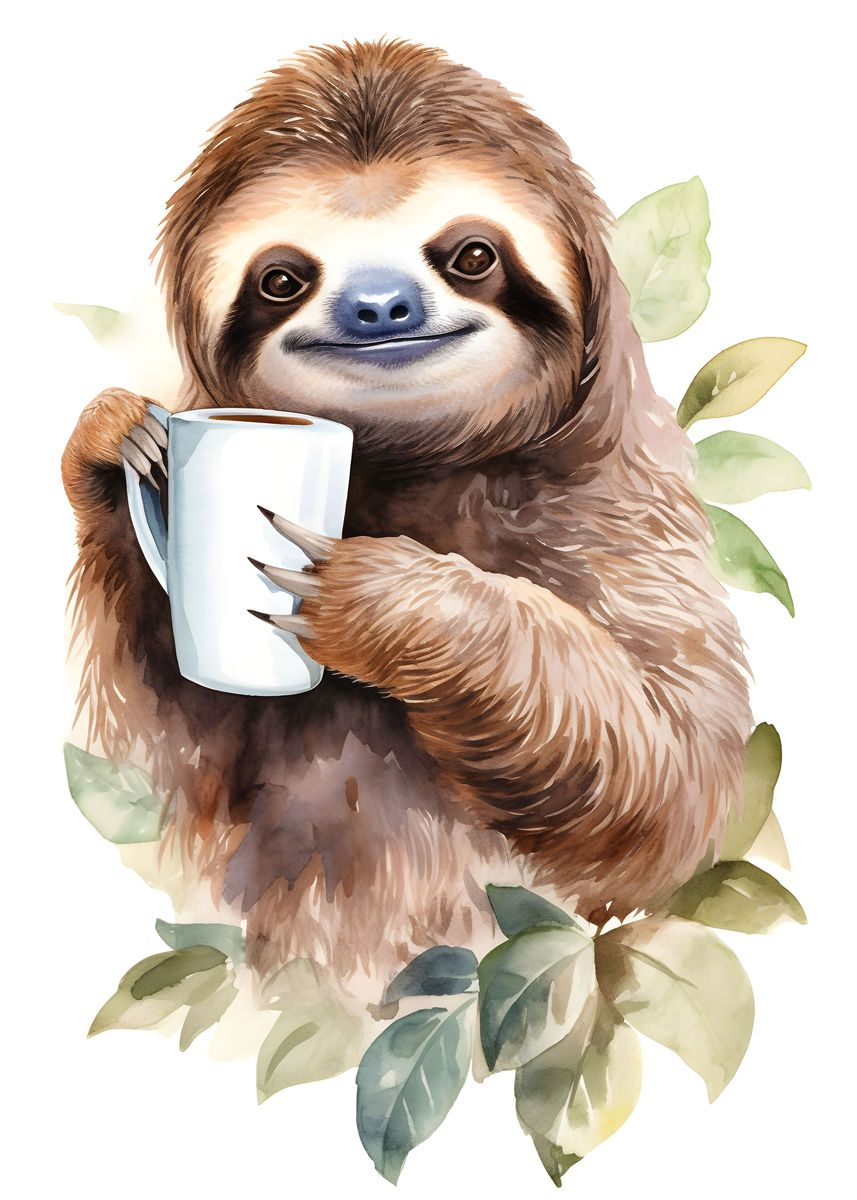 'Sloth with coffee' Poster, picture, metal print, paint by CheTatanka ...