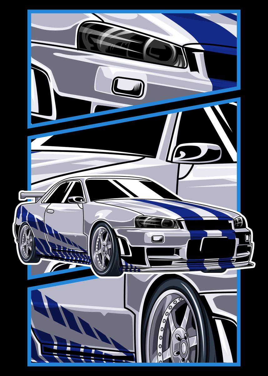 'Blue Skyline R34' Poster by PowerUp Design | Displate