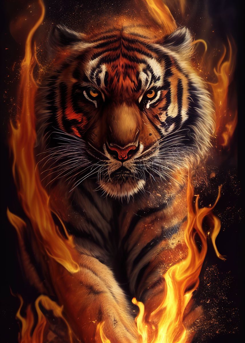 'Angry Tiger Fire Animal' Poster, picture, metal print, paint by ...