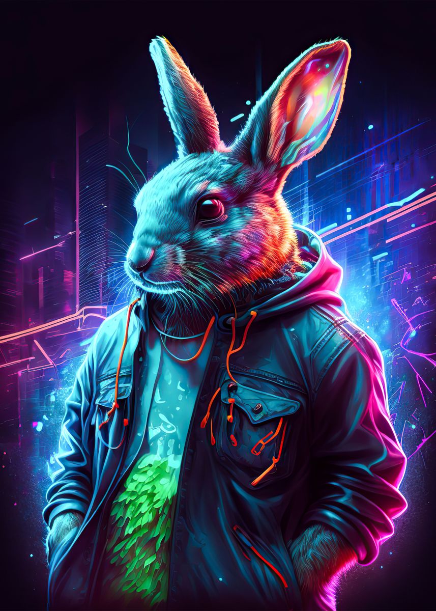 'Rabbit neon' Poster, picture, metal print, paint by Childs Space ...