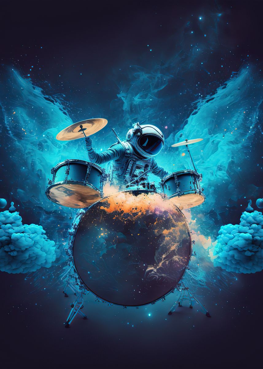 'Astronaut playing drums' Poster, picture, metal print, paint by Yannis