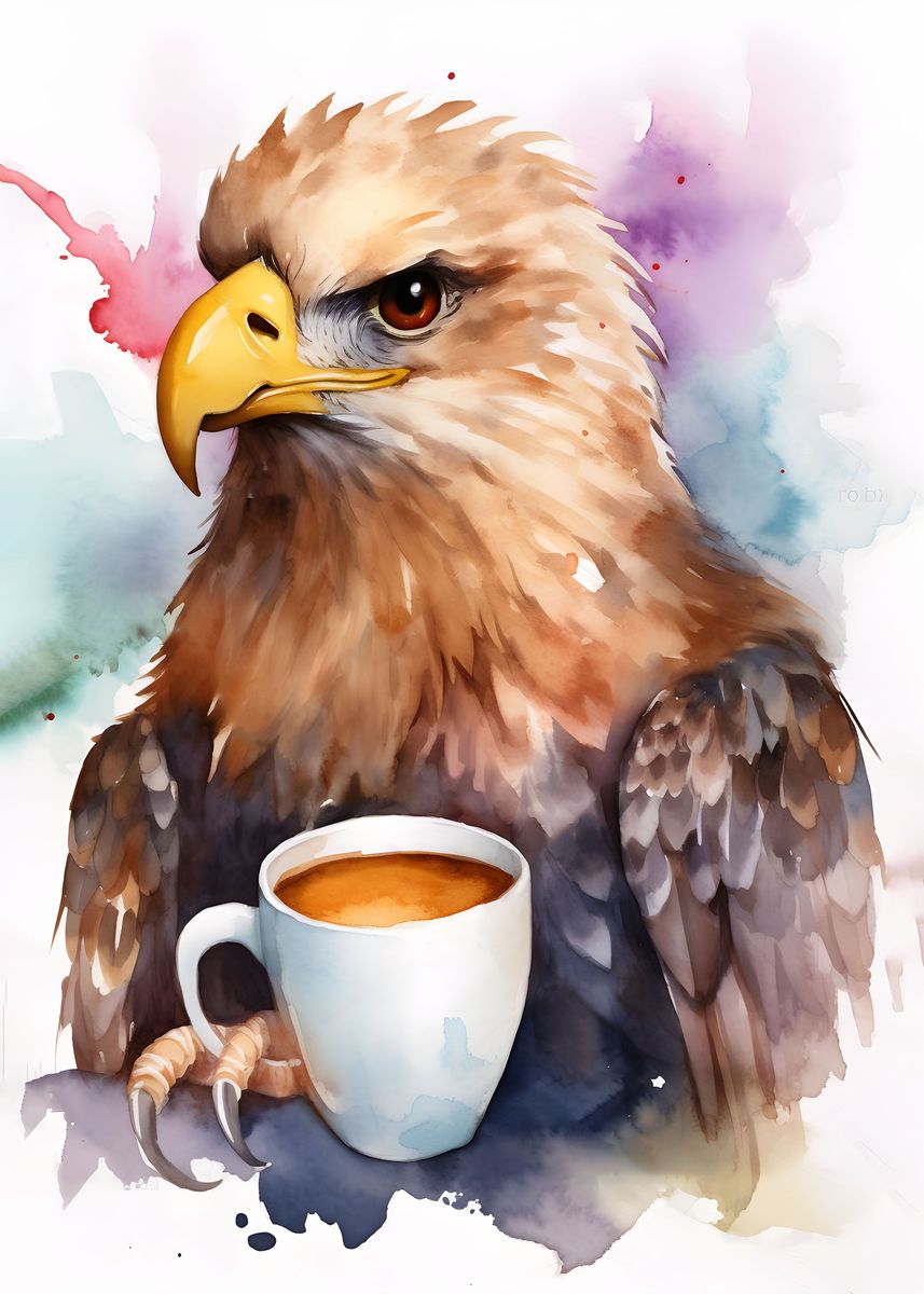 'eagle with coffee' Poster, picture, metal print, paint by CheTatanka