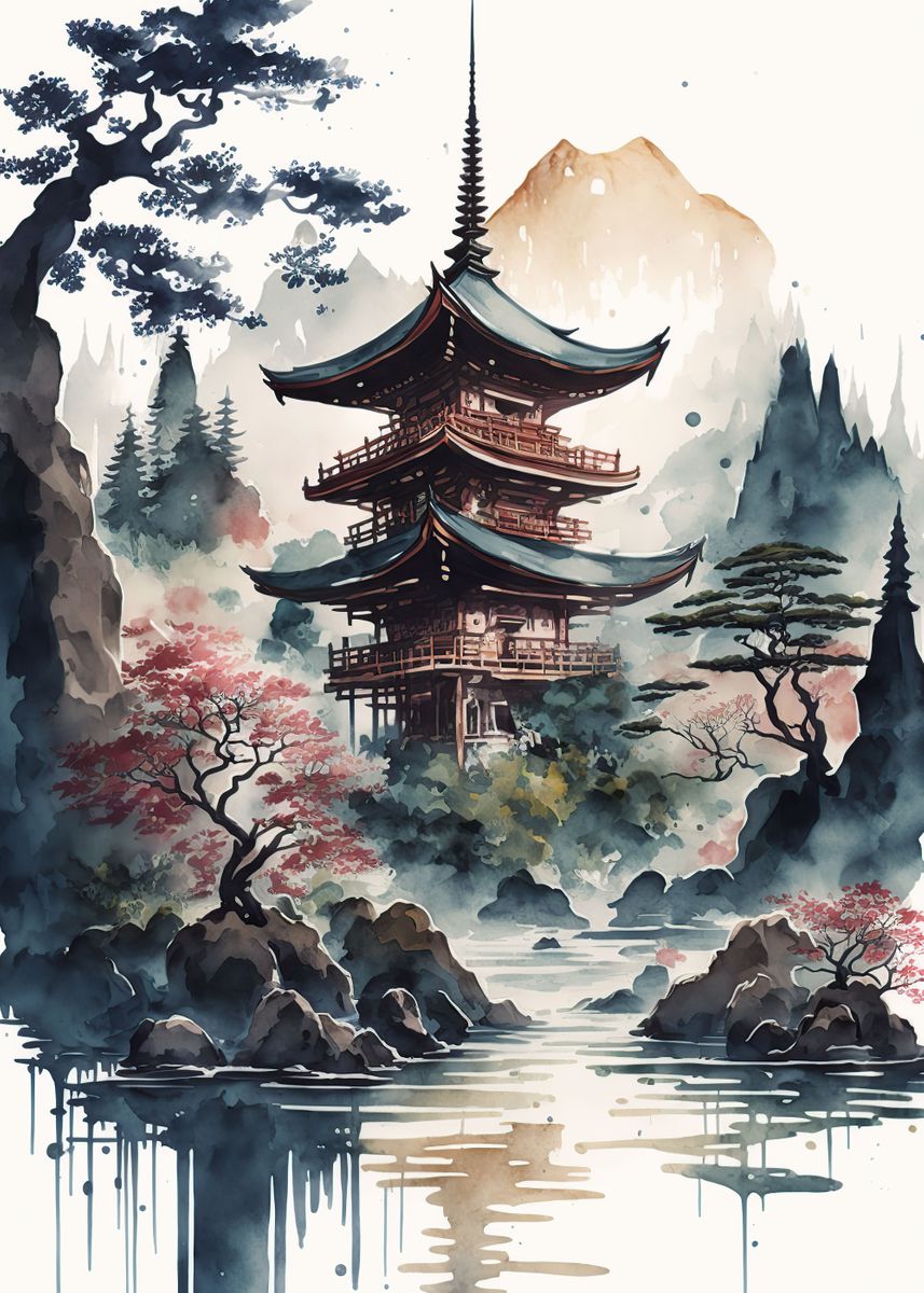 'Japan Landscap Watercolor' Poster, picture, metal print, paint by ...