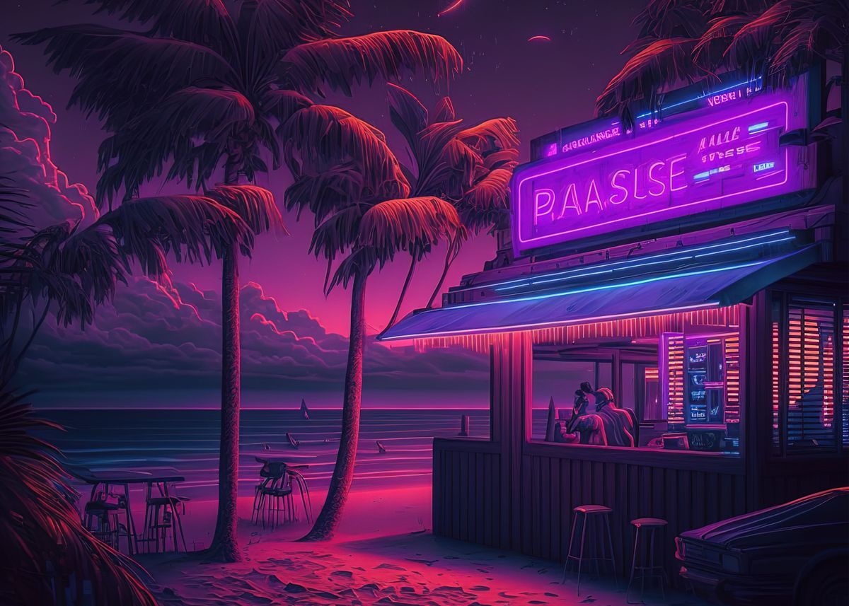 'Outdoor Bar Beach Neon' Poster by Anime | Displate