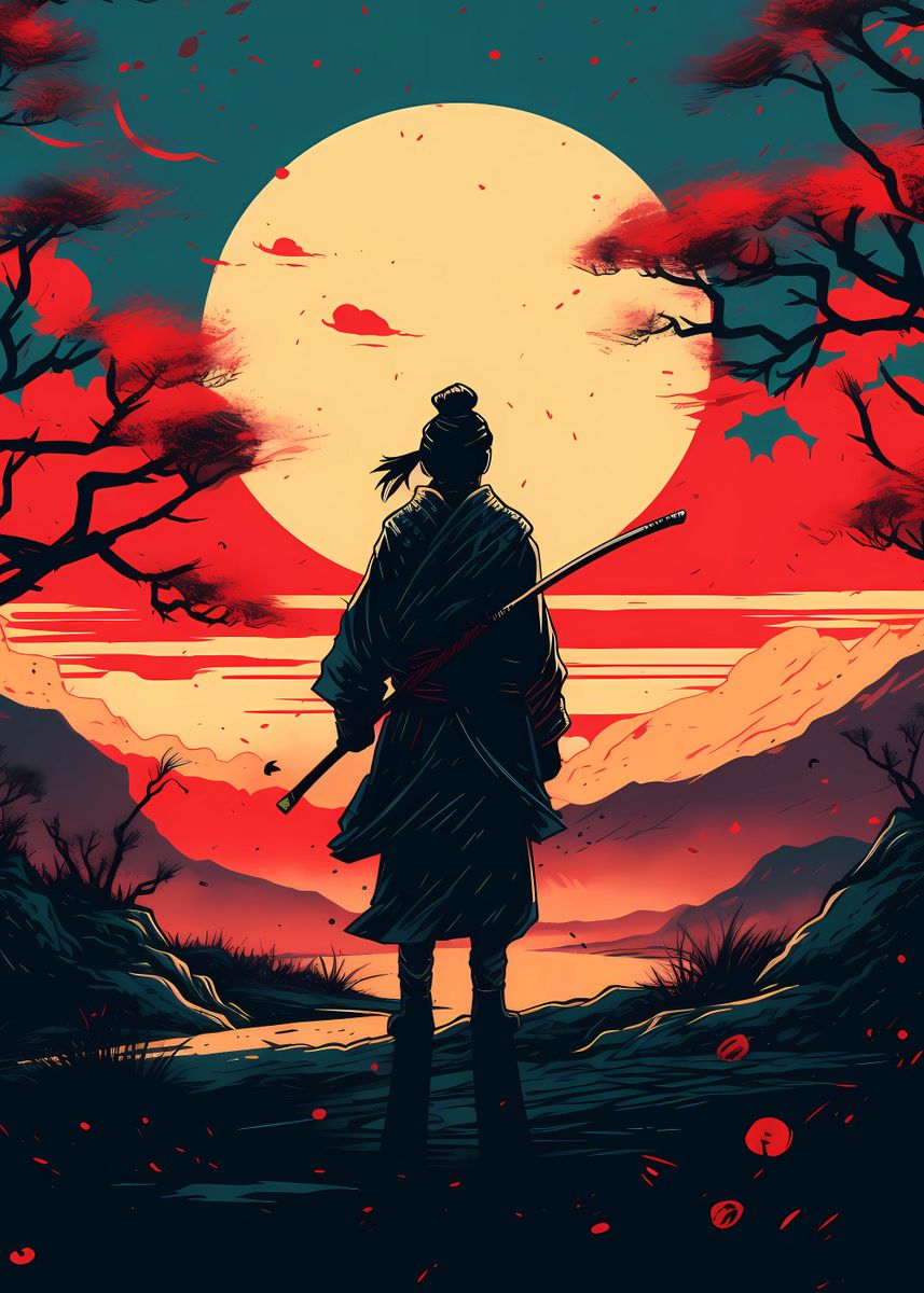 'Japanese Samurai at Sunset' Poster, picture, metal print, paint by ...