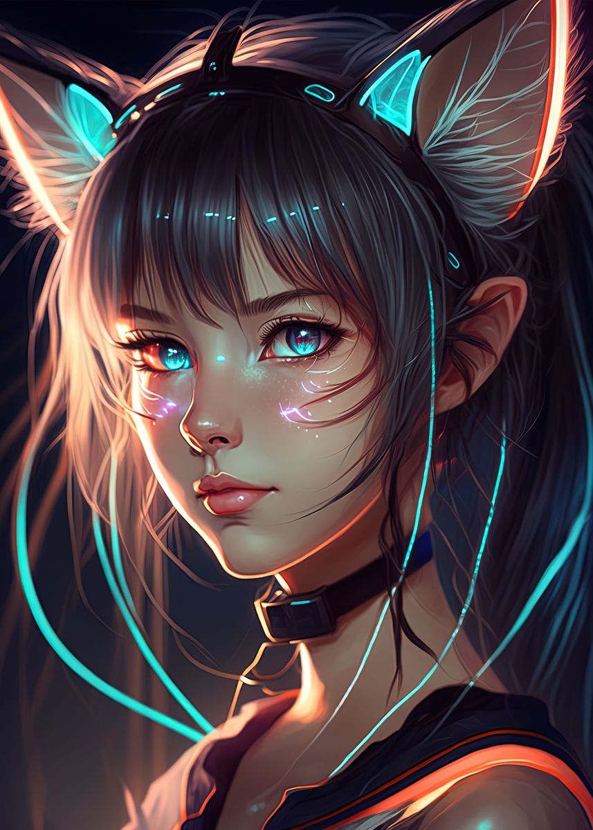 Metal Poster Displate Cat Girl Blue Neon Anime  With Magnet Mounting  System Included - Neon Anime