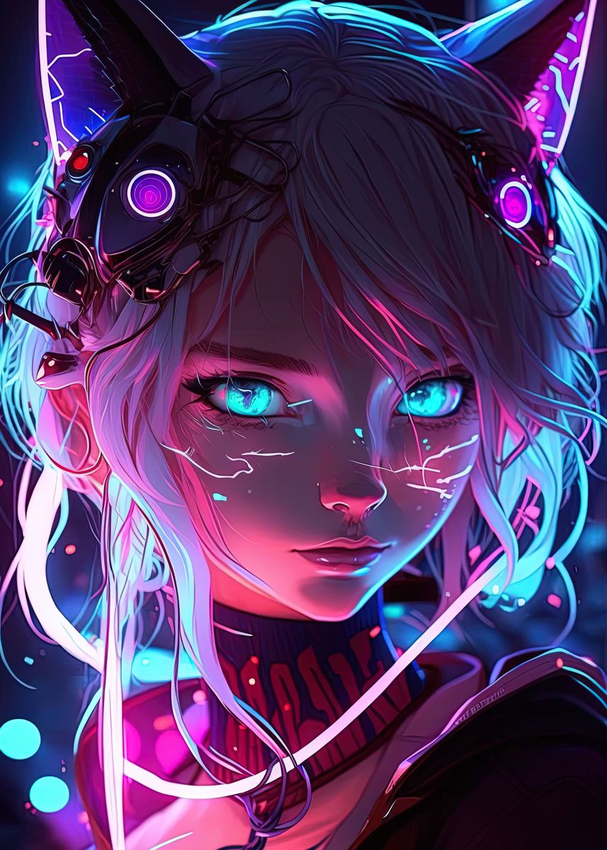 Cat Girl Blue Neon Anime ' Poster, picture, metal print, paint by hassen  bouchemma