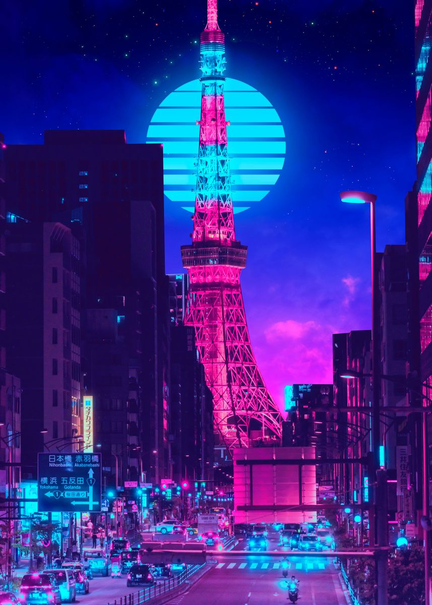 'Tokyo tower cyan lights ' Poster, picture, metal print, paint by ...