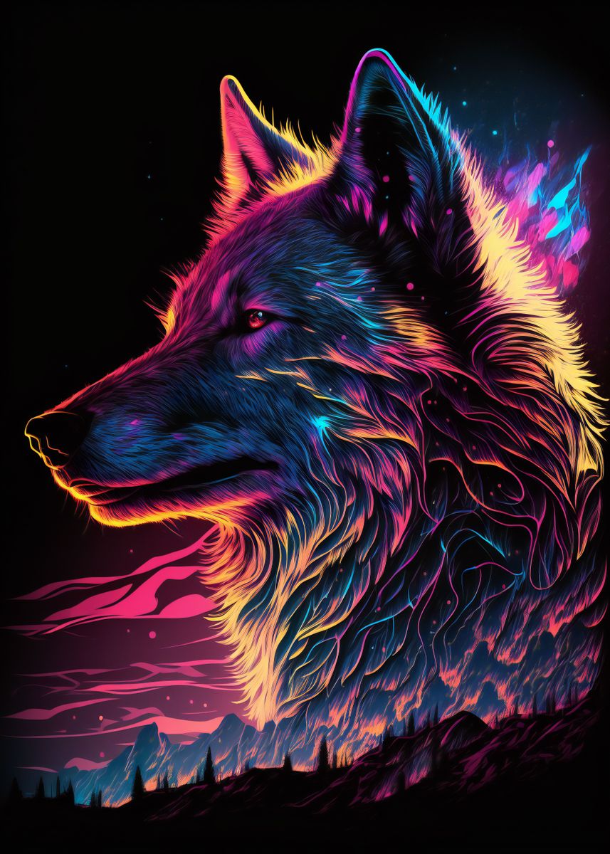 'Synthwave wolf' Poster by pommesmitmajo | Displate