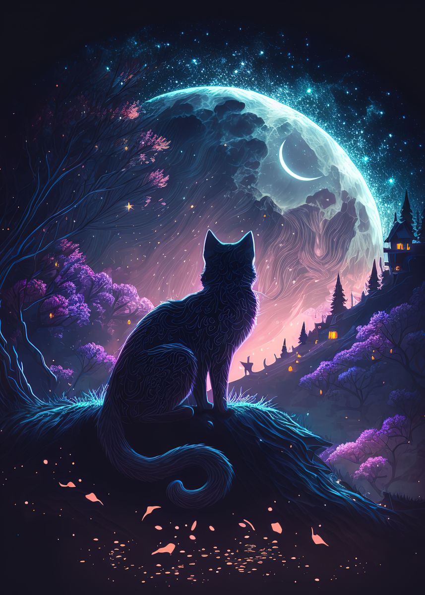 'cat moon night japane' Poster, picture, metal print, paint by NeoRowe ...