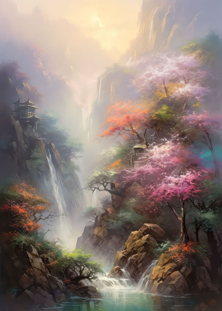 'Misty Sakura Falls 4' Poster by Havard | Displate