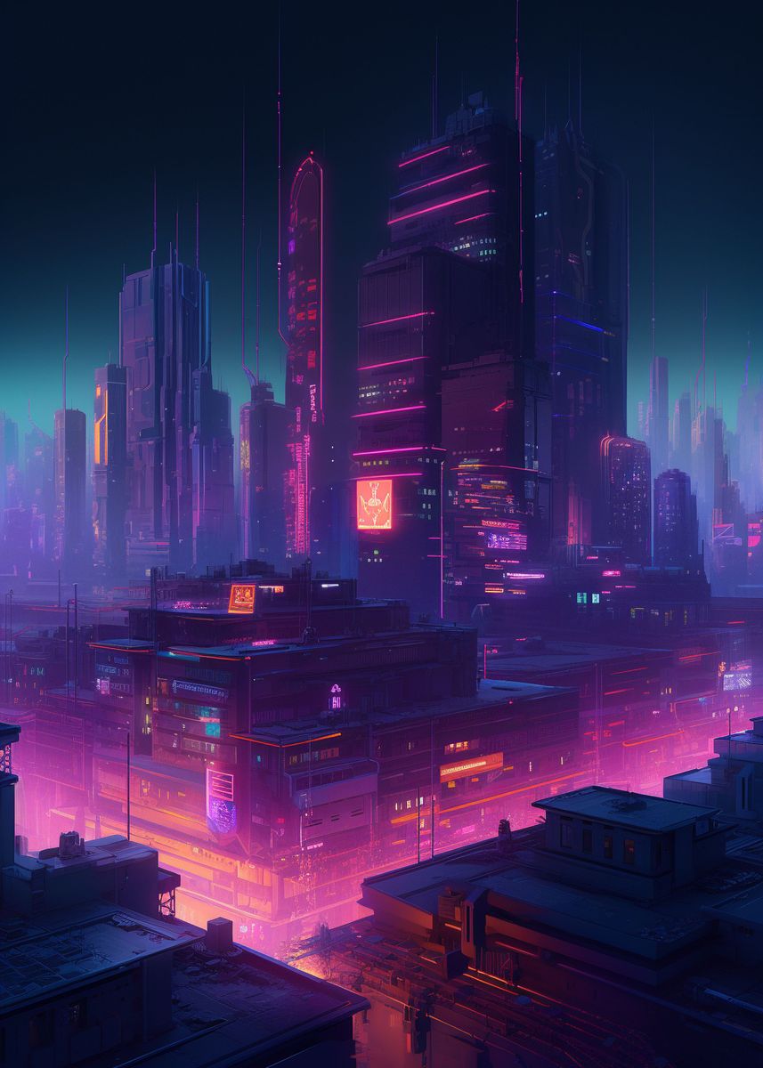 'Neon City Pixel Art' Poster, picture, metal print, paint by DM ...