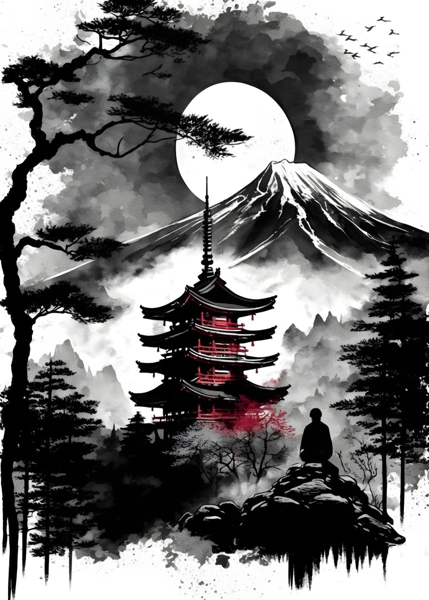 Japanese Temple Ink Wash factory Poster Painting canvas 24*36inch