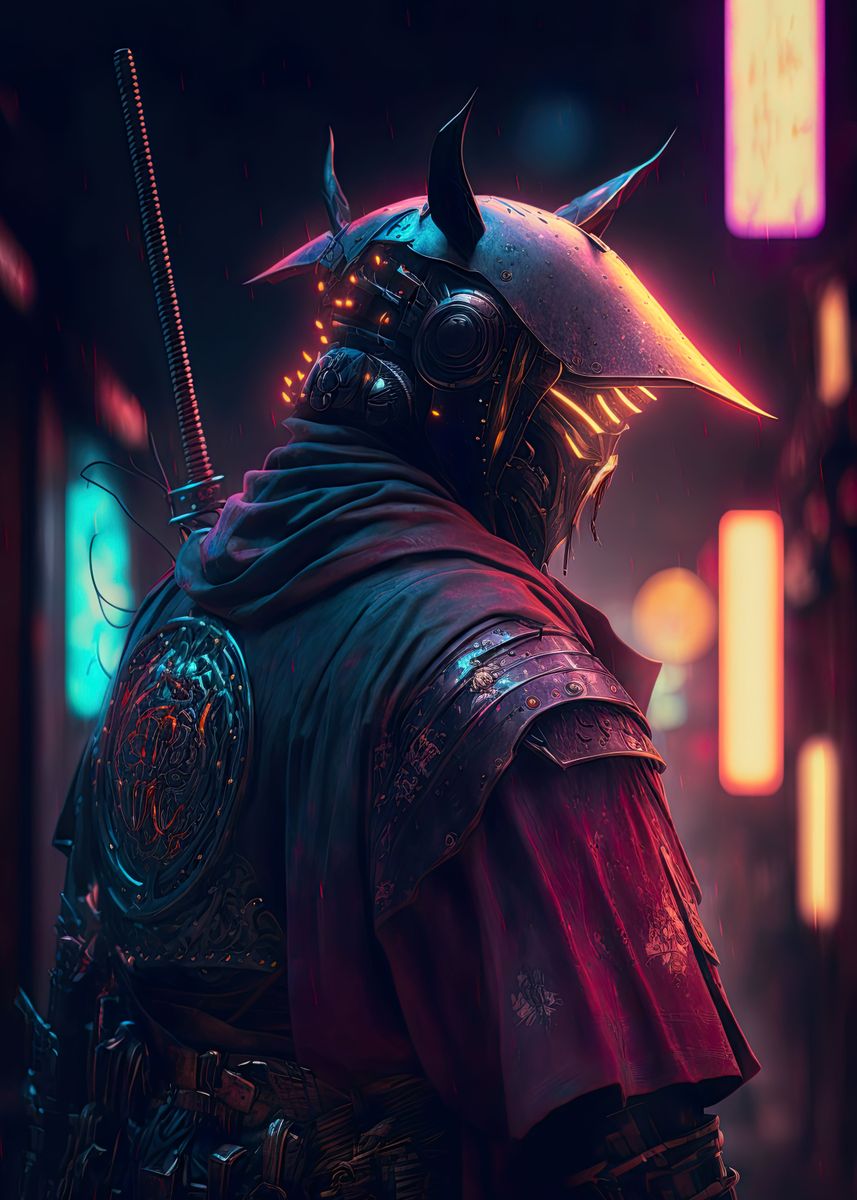 'Neon Cyberpunk Samurai' Poster, Picture, Metal Print, Paint By Hassen