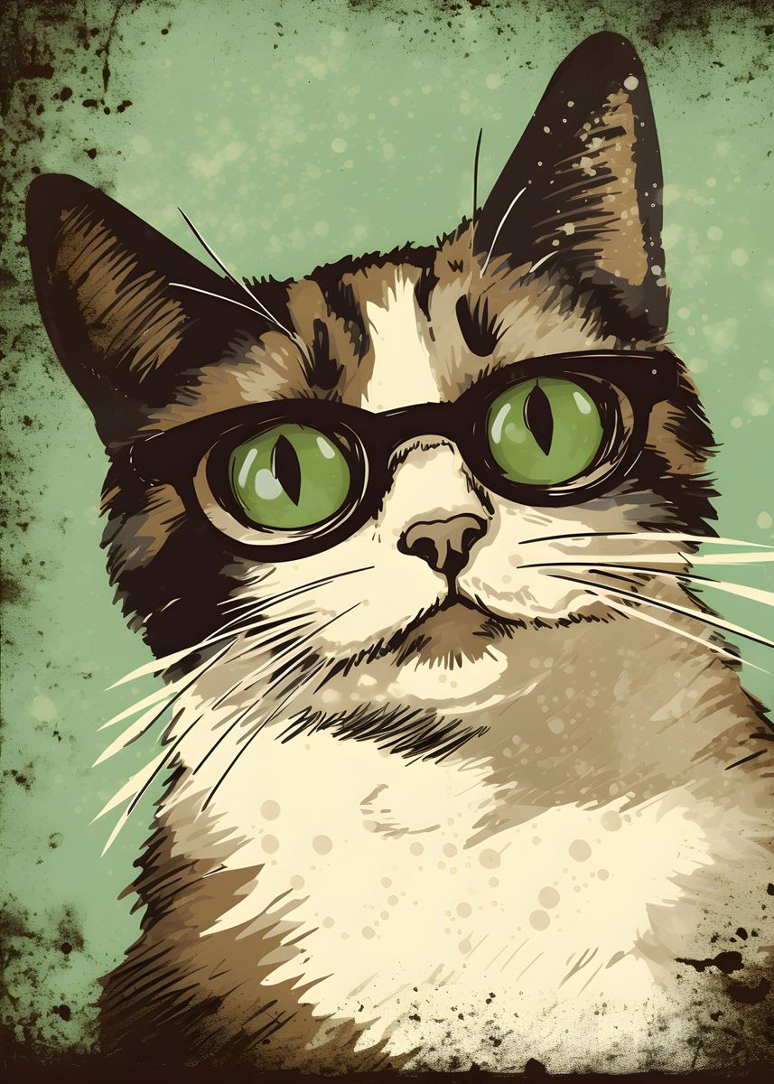 vintage cat with glasses